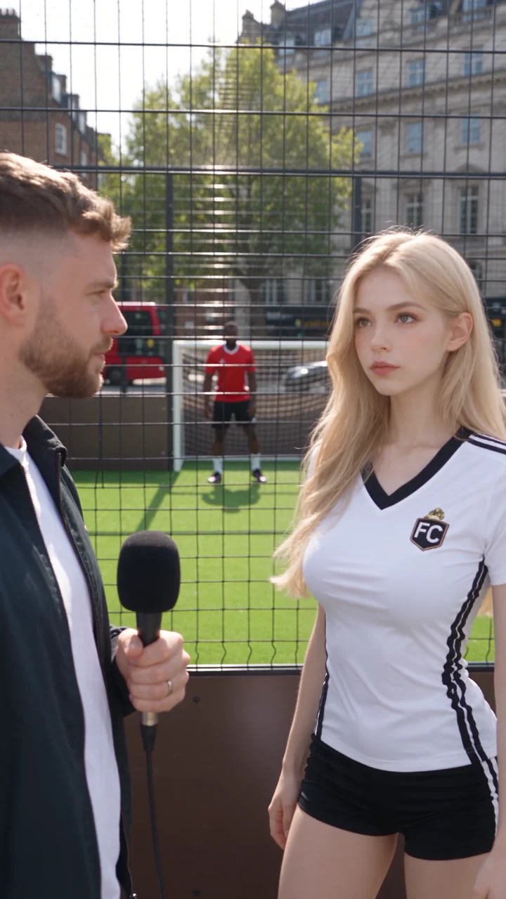 Chloe introducing herself to the host before a street football challenge