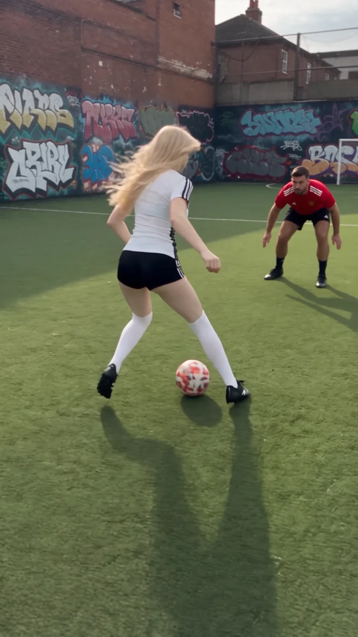 Chloe facing a defender on the graffiti-lined street pitch